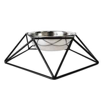 Modern Hexagonal Black Geometric Dog Feeder with Stainless Steel Bowl