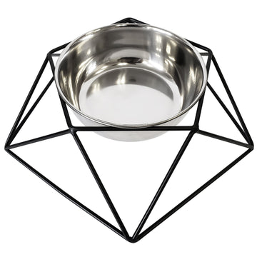 Modern Hexagonal Black Geometric Dog Feeder with Stainless Steel Bowl